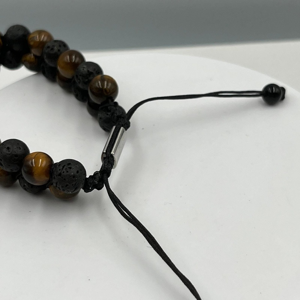 Vintage Natural Tiger's Eye & Lava Rock Bracelet Double Strand Cord Stone Boho - Picture 6 of 9